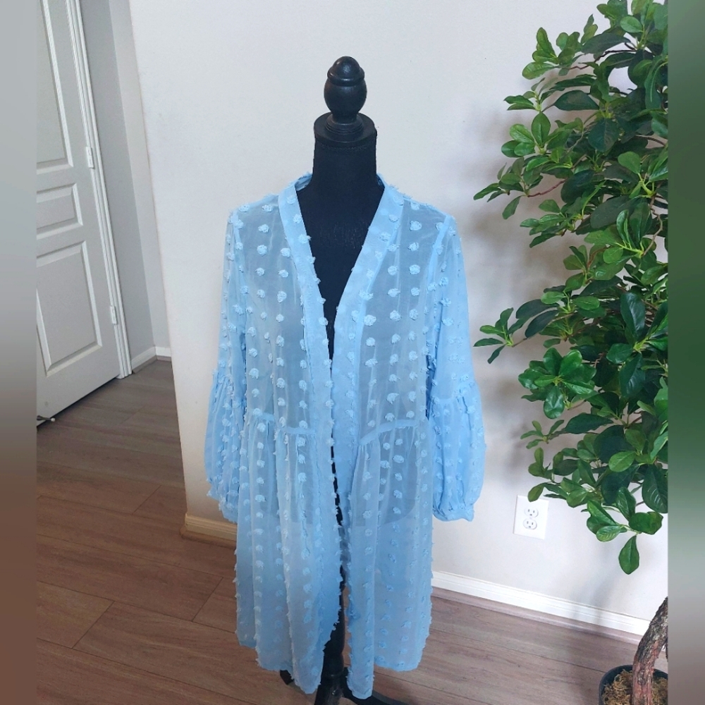 Elesol Dots Open Front Blue Kimono Cardigan Size  Small. NWT